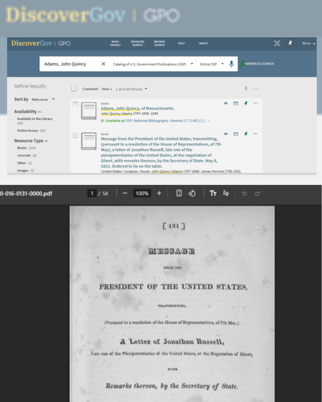 Example of a DiscoverGov search and viewing a PDF in browser. 