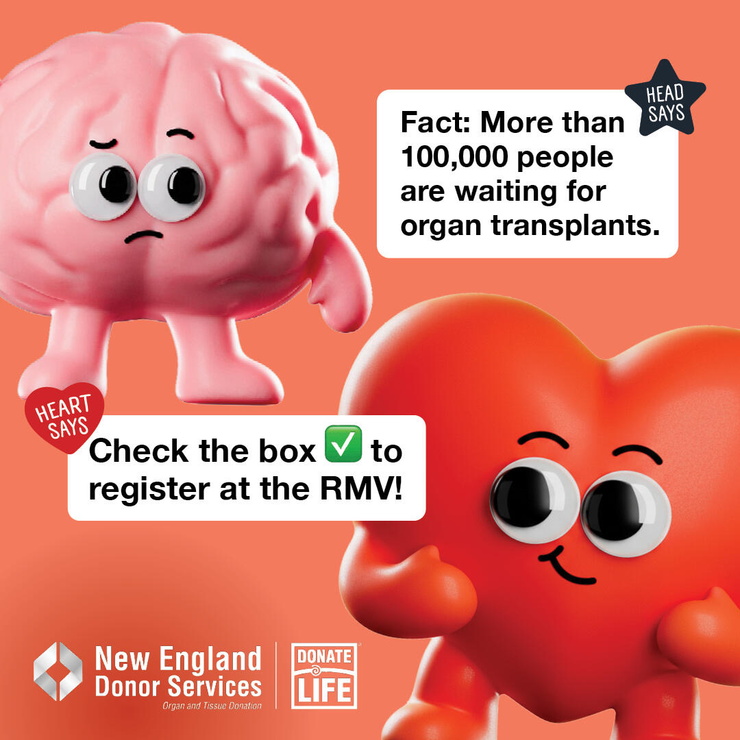 Illustrated brain and heart with words: 'Fact: More than 100,000 people are waiting for organ transplants. Check the box to register at the RMV!'"