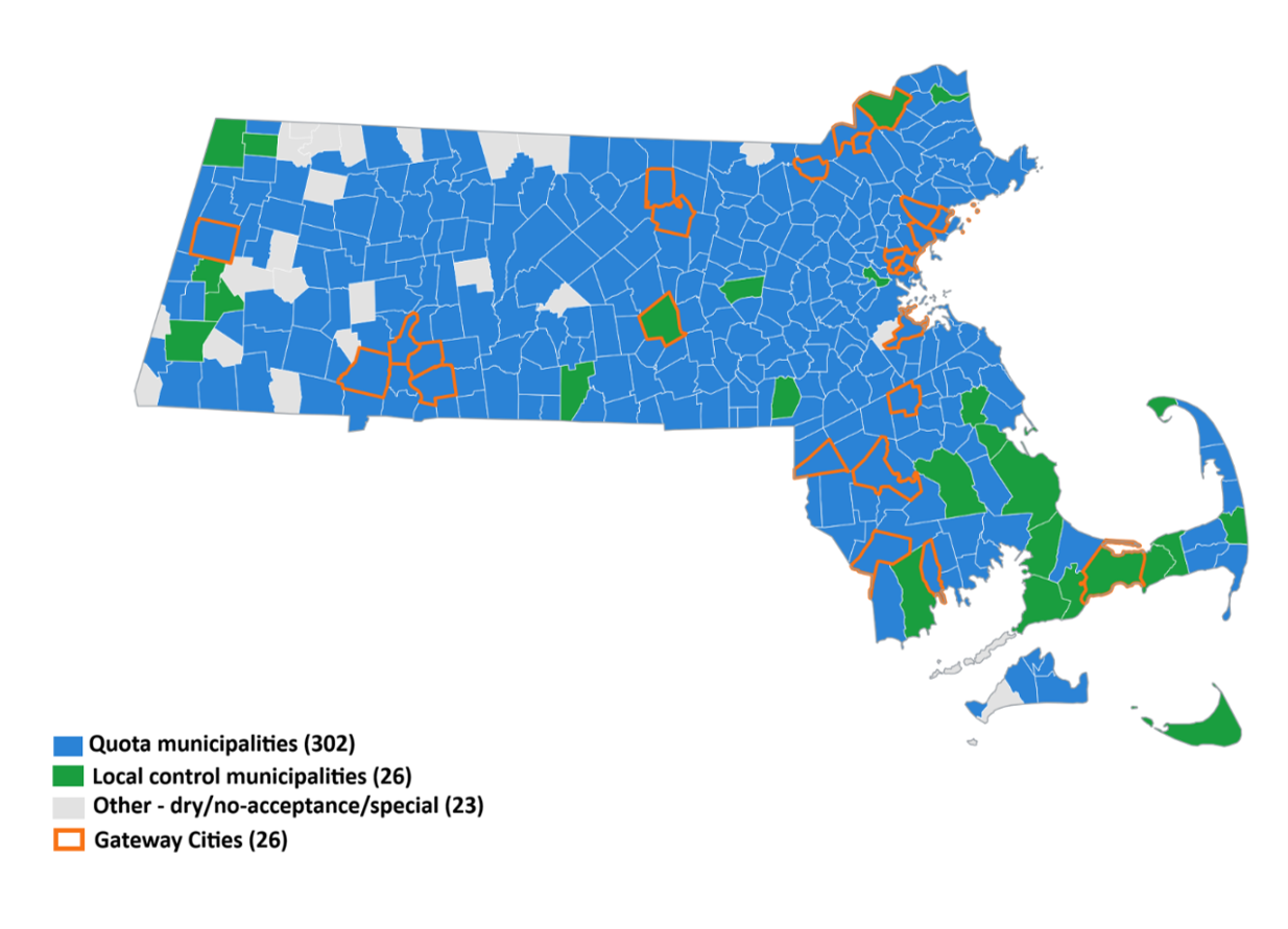 Choropleth of all 351 municipalities using a color fill for licensing classification and a separate outline if they are a gateway city. Blue is 302 quota municipalities. Green is 26 local control municipalities; grey is 23 other or excluded municipalities. More information in caption.