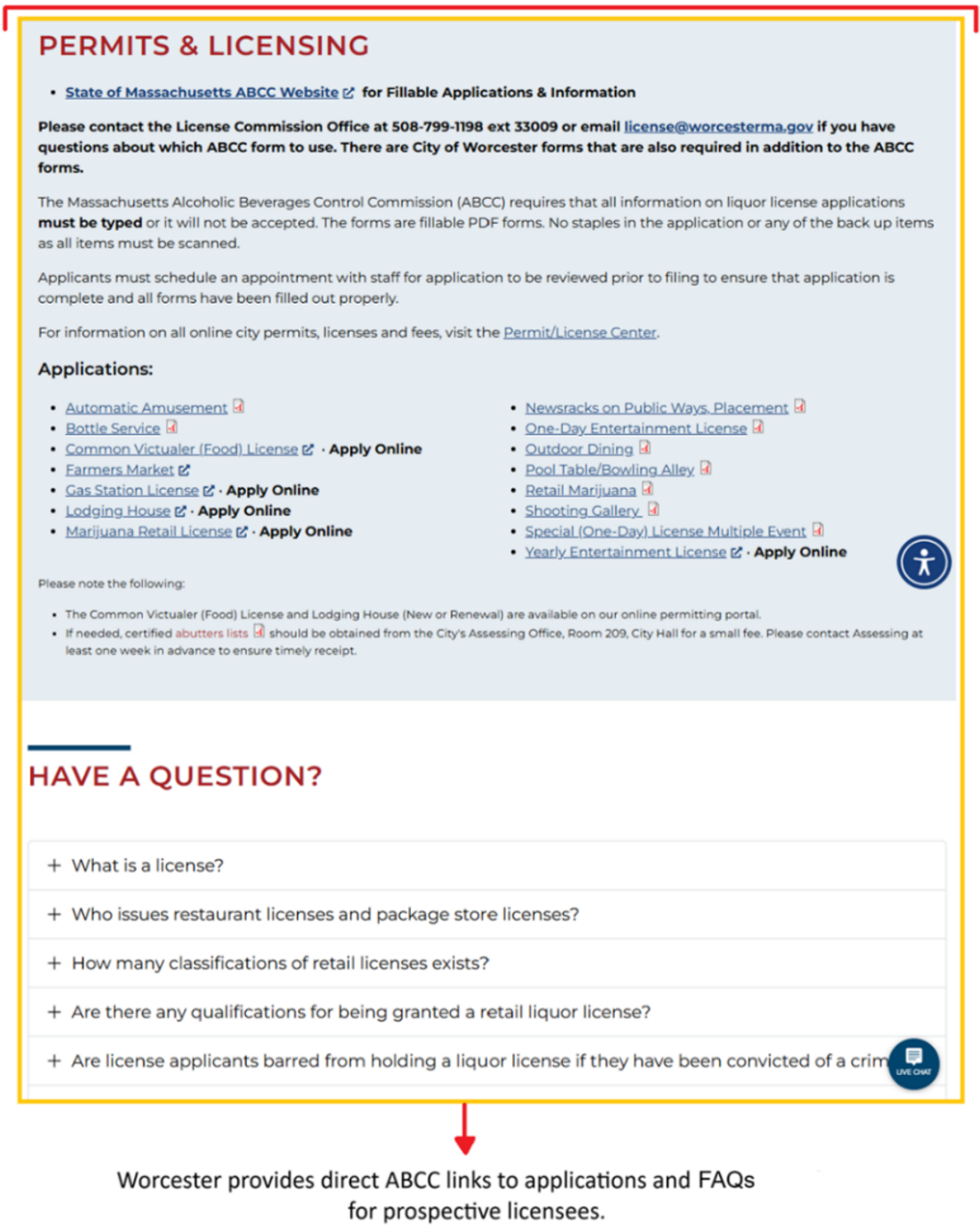 Screenshot of Worcester’s permits and licensing webpage. More information in caption.