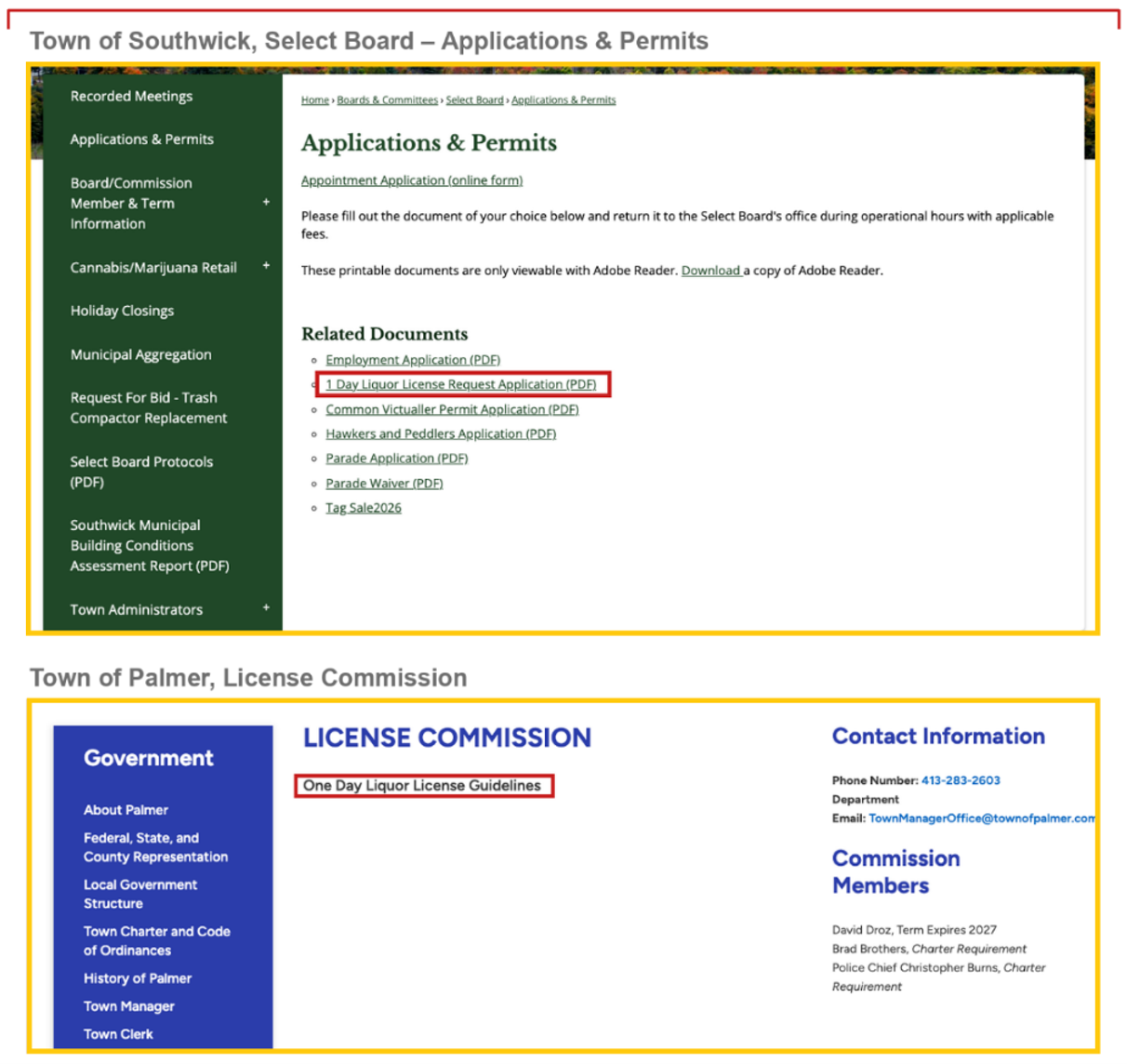 Stacked screenshots of Southwick and Palmers licensing pages. Both municipalities have fewer than 20,000 residents and currently issued every single all alcohol license allocated to them under the state formula, meaning they have no all alcohol licenses left and are quota constrained. More information in caption.