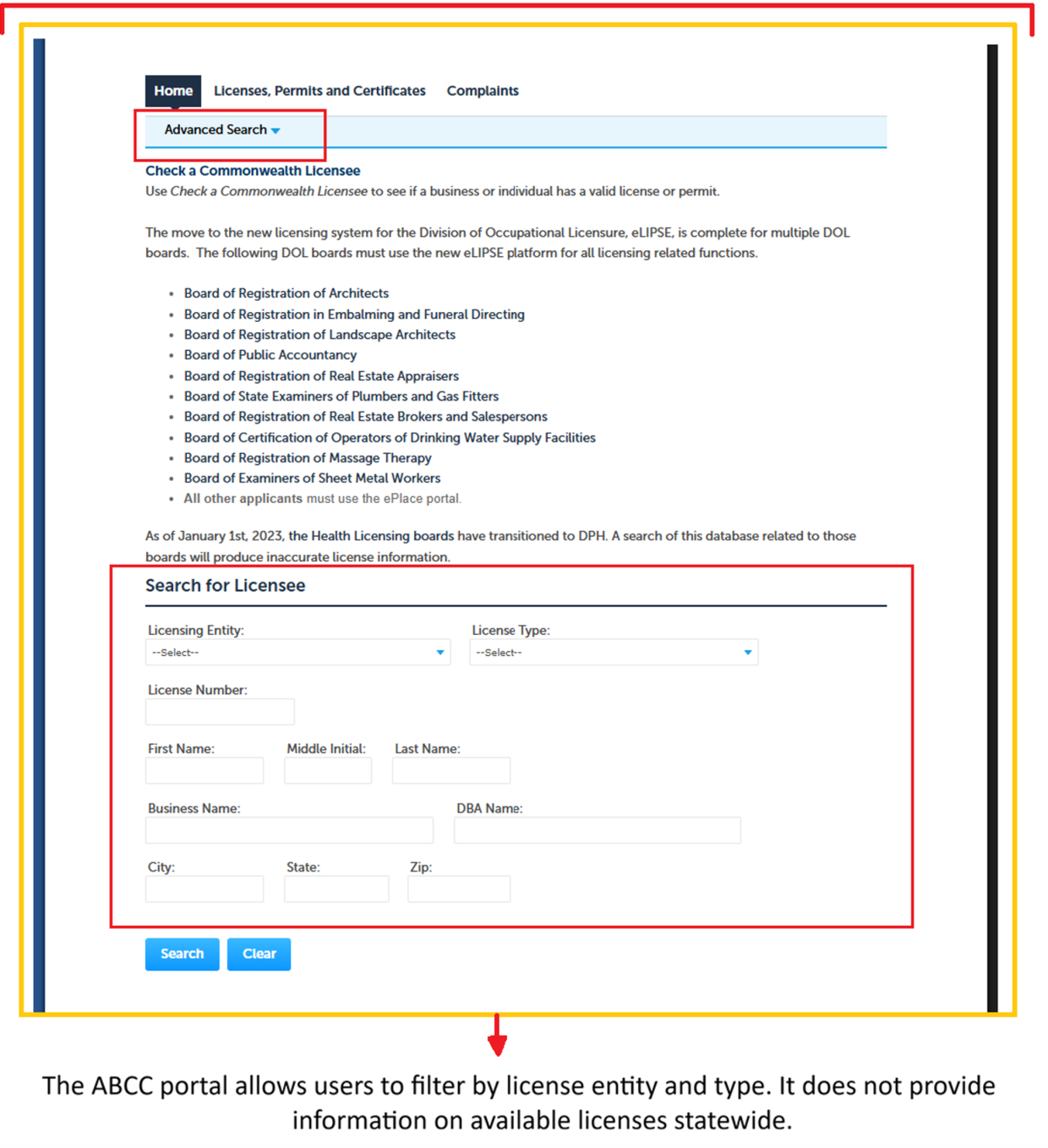 Screenshot of Massachusetts’ shared licensee lookup portal. ABCC is integrated here as one of many searchable state entities. More information in caption.