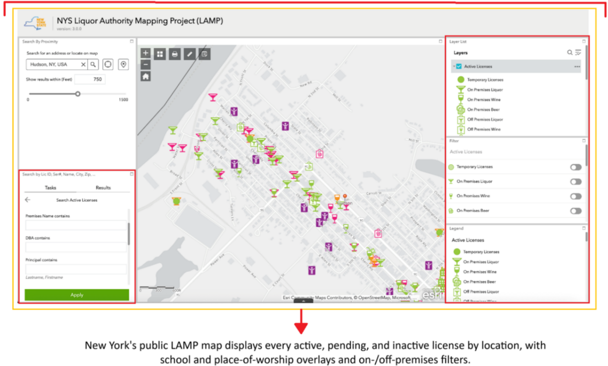 This figure shows a screenshot of the digital mapping layout of the New York State Liquor Authority Mapping Project, version 3.0.0. The interface provides a highly visual, geographic look at liquor licensing data, focused on Hudson, New York. More information in caption.