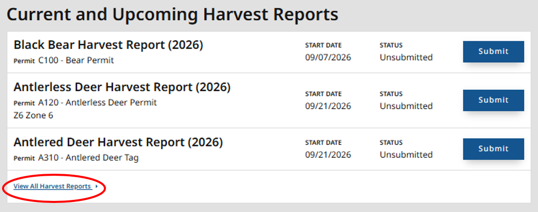 screenshot of harvest report interface showing the "view all harvest reports" link 