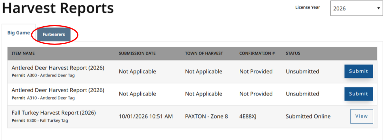 screenshot of harvest report interface showing the button "furbearers"