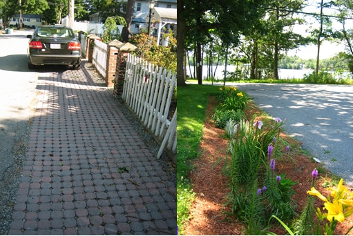 Permeable pavers and one of the many raingarden installed along the street edge of Silver Lake Avenue