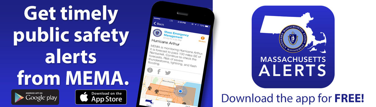 Get timely public safety alerts from MEMA. Download the app for free. Image shows app logo.