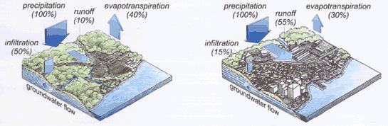 Change in infiltration (groundwater recharge) and runoff before and after intensive development (source: Massachusetts Smart Growth Toolkit)