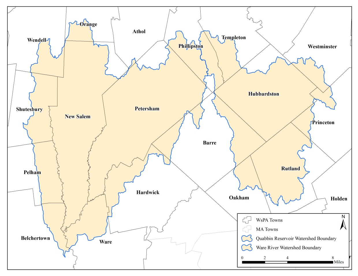 Towns in the Quabbin and Ware watersheds affected by the Watershed Protection Act