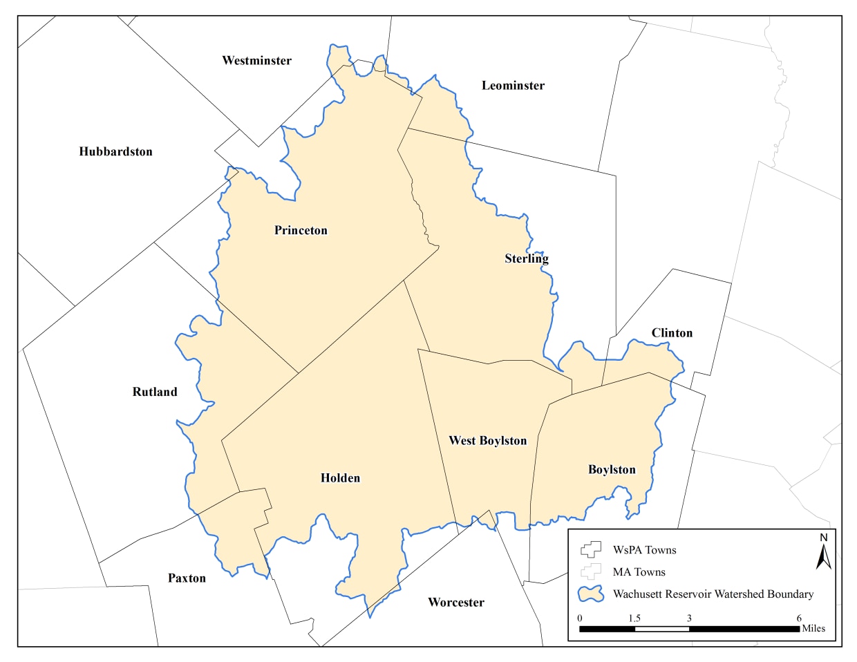 Towns affected by the Watershed Protection Act in the Wachusett Reservoir Watershed
