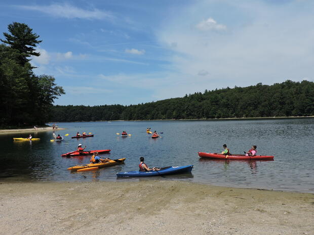 A photo of 10 colorful kayaks spread out on the water at Walden Pond. Some kayaks are tandem boats with two paddlers in them. One of the kayaks has pontoons.