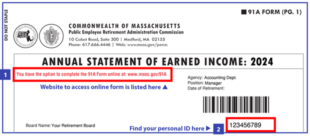 Example of the 91A form showing where the personal ID code is listed, links to online 91A form