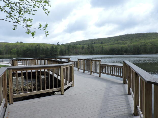 A photo of wooden pier with railings that hangs over the water of a pond. Two sections of the railing are lower and have broad tops to rest against. A path running along the shoreline connects to the pier at the far end. Wooded hills are visible on the far side of the lake.