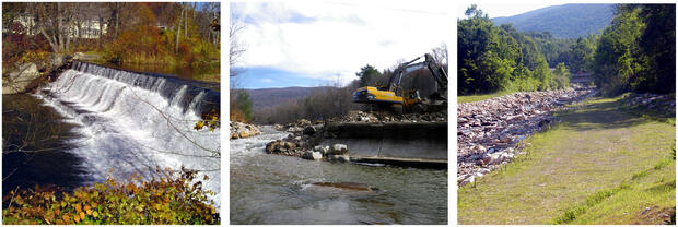 Three image so before, during and after dam removal