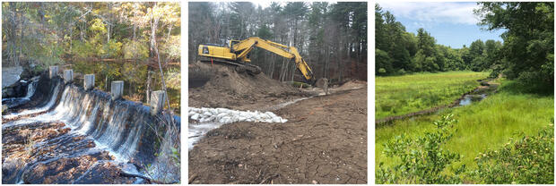 Three images showing before, during and after dam removal.