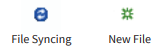 A "File Syncing" icon with two white arrows in a blue circle. A "New File" icon that is green and white.
