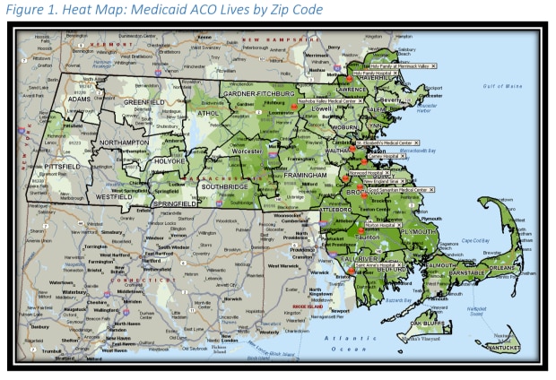 Figure 1. Heat Map: Medicaid ACO Lives by Zip Code	map of Massachusetts displaying five regions: Metro Boston, Northeast, Southeast, Mid-Massachusetts and West