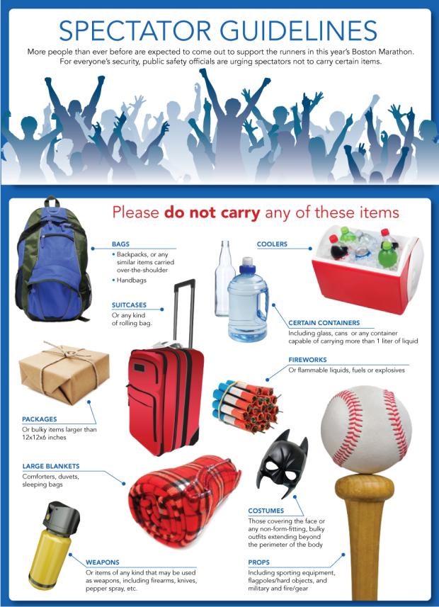 Please do not carry any of these items: bags, coolers, suitcases, packages, large blankets, weapons, certain containers, fireworks, costumes, props.