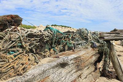 Rope and nets wrapped around the remains of the barges.
