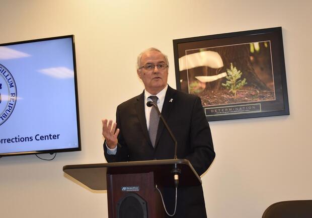 MPS Commissioner Edward Dolan addresses the audience at the grand opening of the Woburn Community Corrections Center.