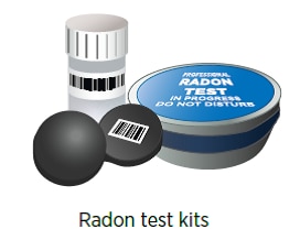Shown are four passive radon test kits – two test containers have bar-code labels and one test has a label on the lid that reads, “Professional Radon Test In Progress Do Not Disturb."