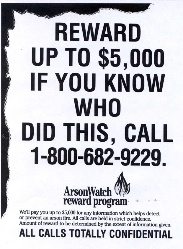 Arson Watch Reward Program Poster with Hotline Number 1-800682-9229