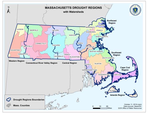 Massachusetts Drought Regions with Watersheds