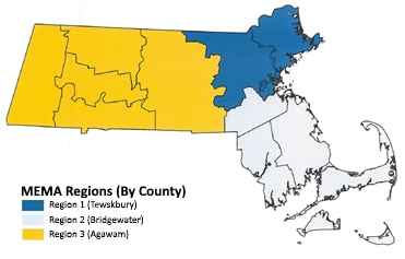 A map showing the different regions MEMA covers by county.  Region One includes Essex, Middlesex, and Suffolk counties.  Region Two includes Barnstable, Bristol, Dukes, Nantucket, Norfolk, and Plymouth counties.  Regions Three and Four includes Berkshire, Franklin, Hampden, Hampshire, and Worcester counties.