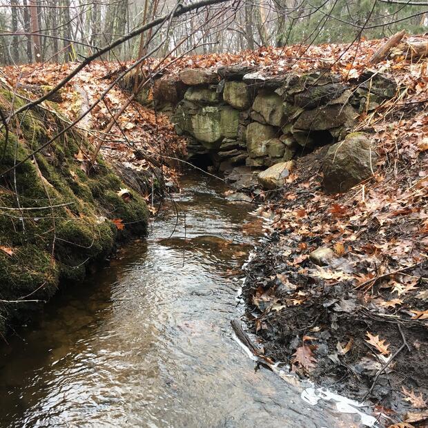 Water flowing out of a very small culvert surrounded by stones in the late autumn.