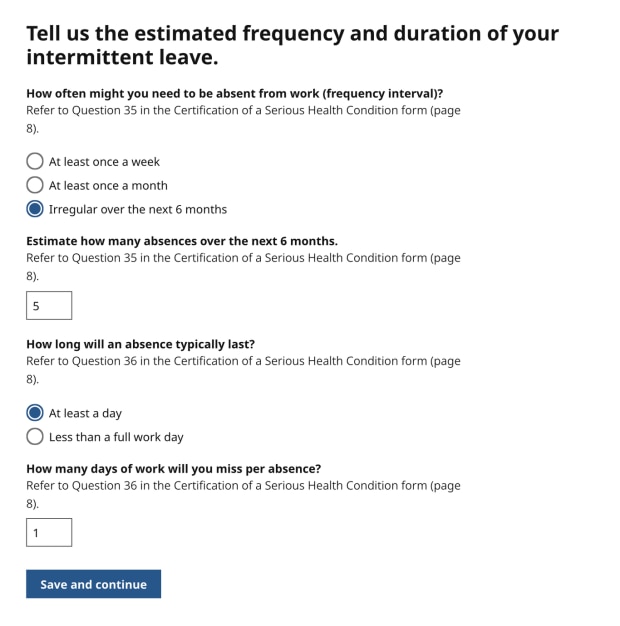 A screenshot from paidleave.mass.gov showing options for one's leave interval