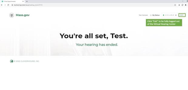 A virtual hearings end screen