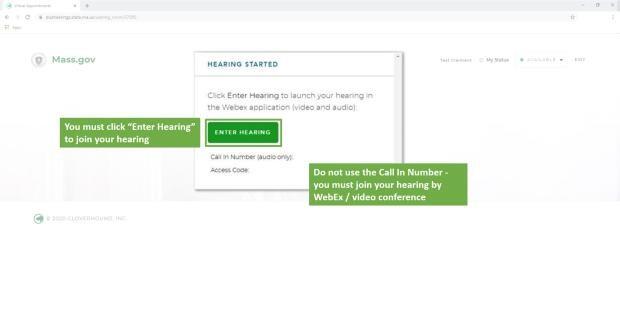 A virtual hearings enter screen