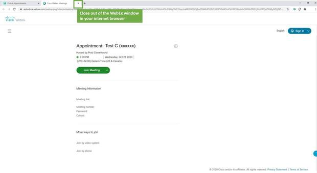 A virtual hearing exit screen