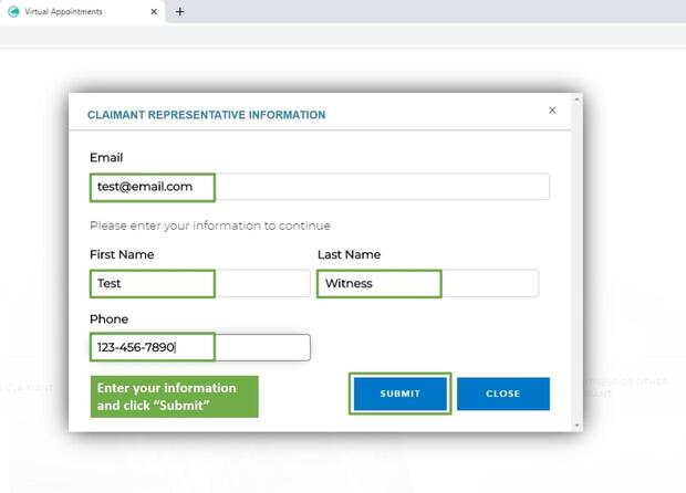 A virtual hearing role select screen for attorneys