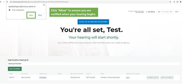A virtual hearings test confirmation screen