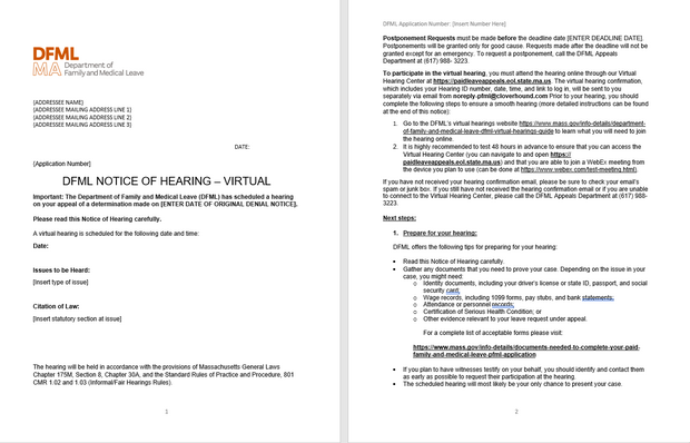 DFML Virtual Hearings Notice Pages 1 and 2