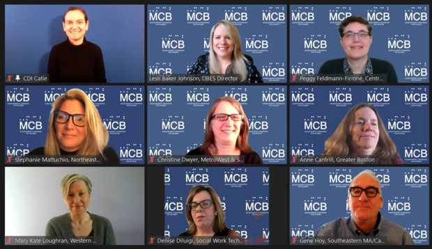 Members of the MCB DeafBlind Extended Supports Unit smiling on Zoom with Certified Deaf Interpreter and MCB logo backgrounds