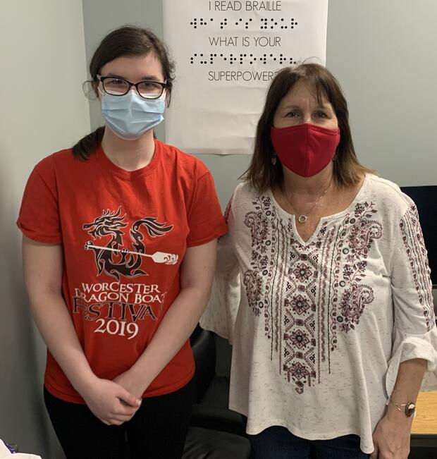 Elana Regan and her Teacher Deirdre Nyberg in masks together at Hopkinton High School