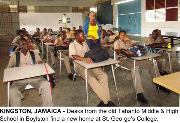 Image of reused/recycled Massachusetts school furniture at Jamaican college.
