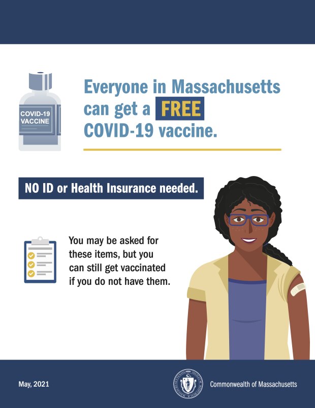 Everyone in Massachusetts can get a FREE COVID-19 vaccine.  NO ID or Health Insurance needed.  You may be asked for these items, but you can still get vaccinated if you do not have them.  May, 2021 Commonwealth of Massachusetts