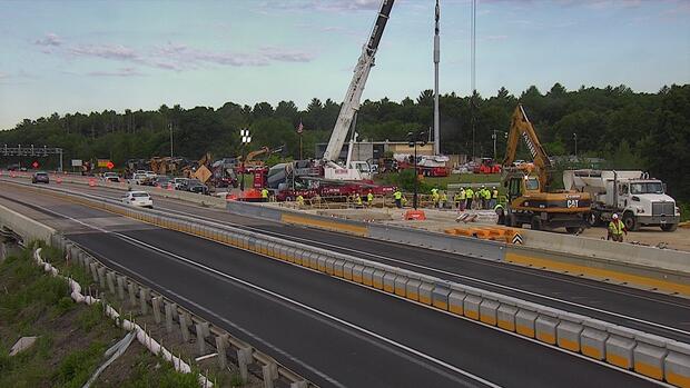 Aerial view of the I-90 West over Woodland Road bridge replacement.