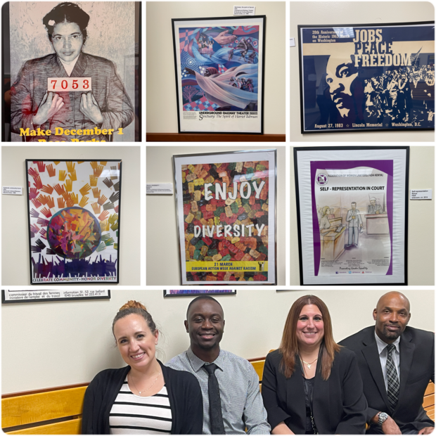 International Labor Union Poster Art Exhibit with Malden District Probation Officer Gianna Franco, Cambridge District Associate Probation Officer Allan Tuli, Malden District Chief Probation Officer Marisa Cogliandro-Vaughan, and Cambridge District Probation Officer Damon Banks.