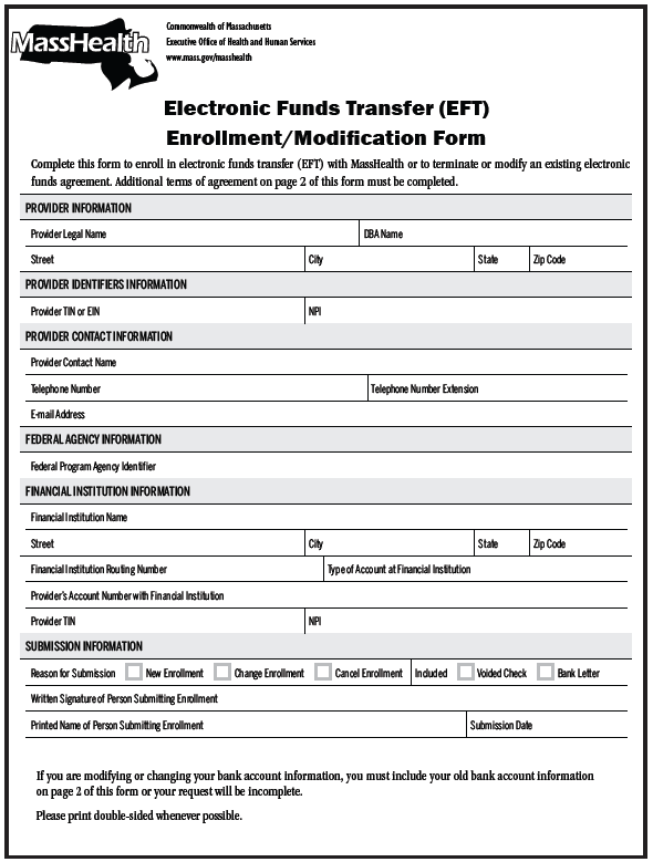Screenshot of the Electronic Funds Transfer (EFT) Form