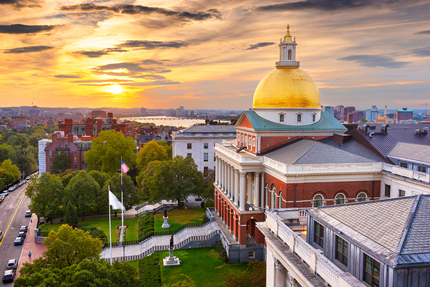 MA State House at sunset