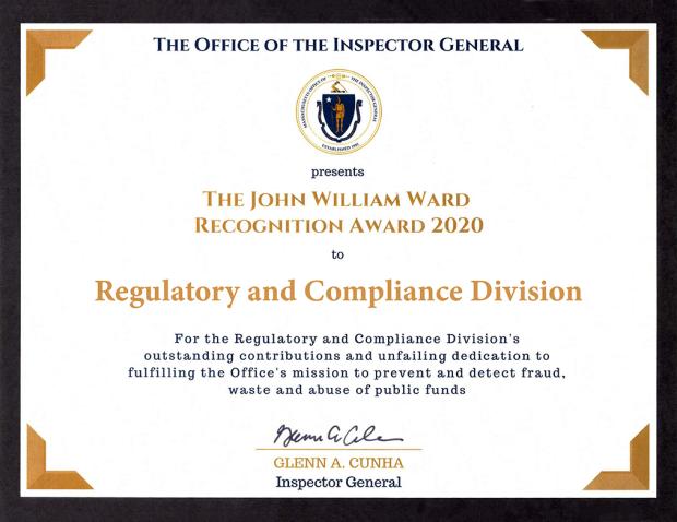 John William Ward Performance Recognition Award for OIG's Regulatory and Compliance Division