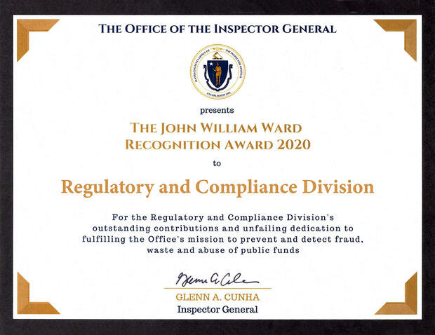 John William Ward Performance Recognition Award for OIG's Regulatory and Compliance Division