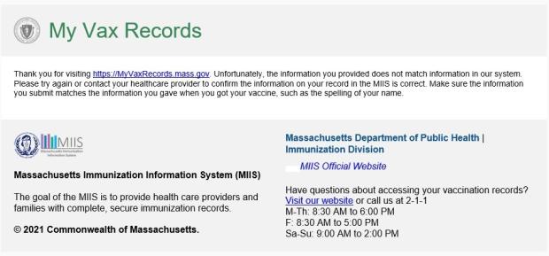My Vax Records not found webpage