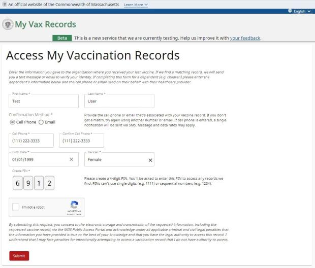 My Vax Records: enter your information