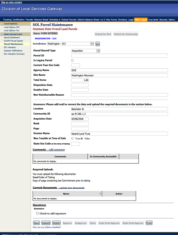 Gateway state owned land module instruction