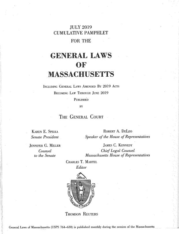 Title page of the July 2019 Cumulative Pamphlet for the General Laws of Massachusetts